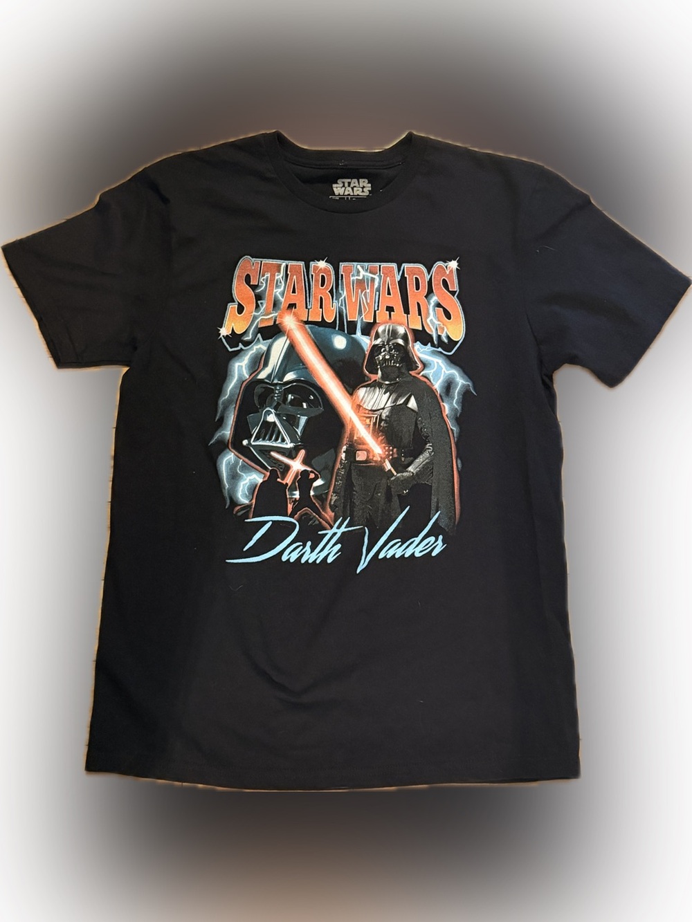 Star Wars Black Darth Vader Graphic Tee with Orange and Blue Accents